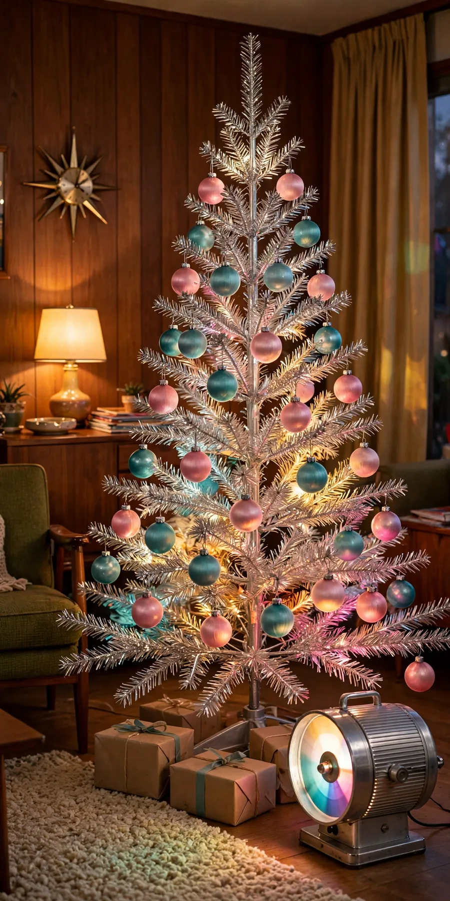 Vintage aluminum Christmas tree decorating ideas: silver 1960s aluminum tree with satin ornaments and a rotating color wheel in a retro living room
