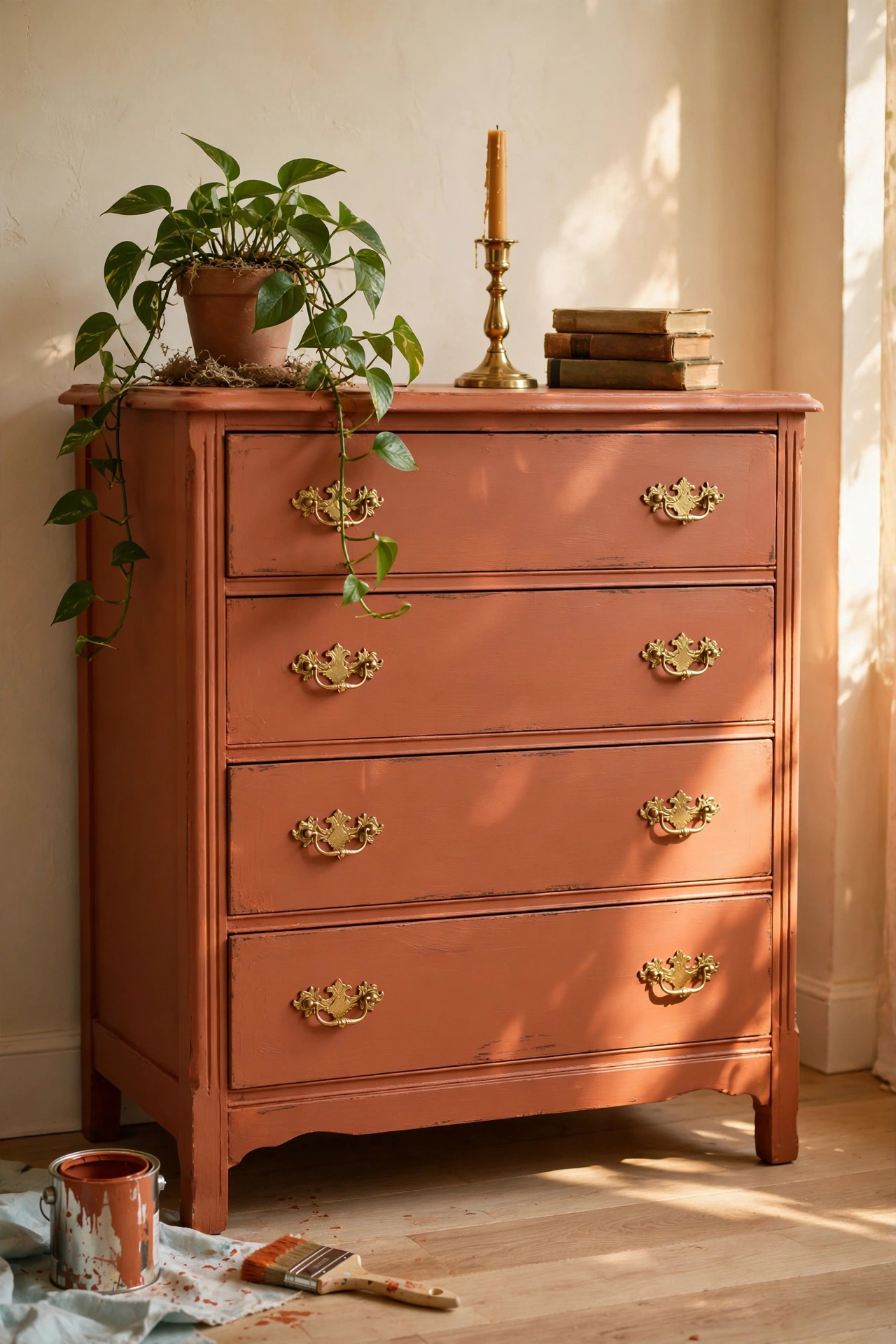 Flipped vintage wooden dresser in warm terracotta paint with brass handles, styled with a trailing pothos plant, brass candlestick, vintage books, paint can and brush