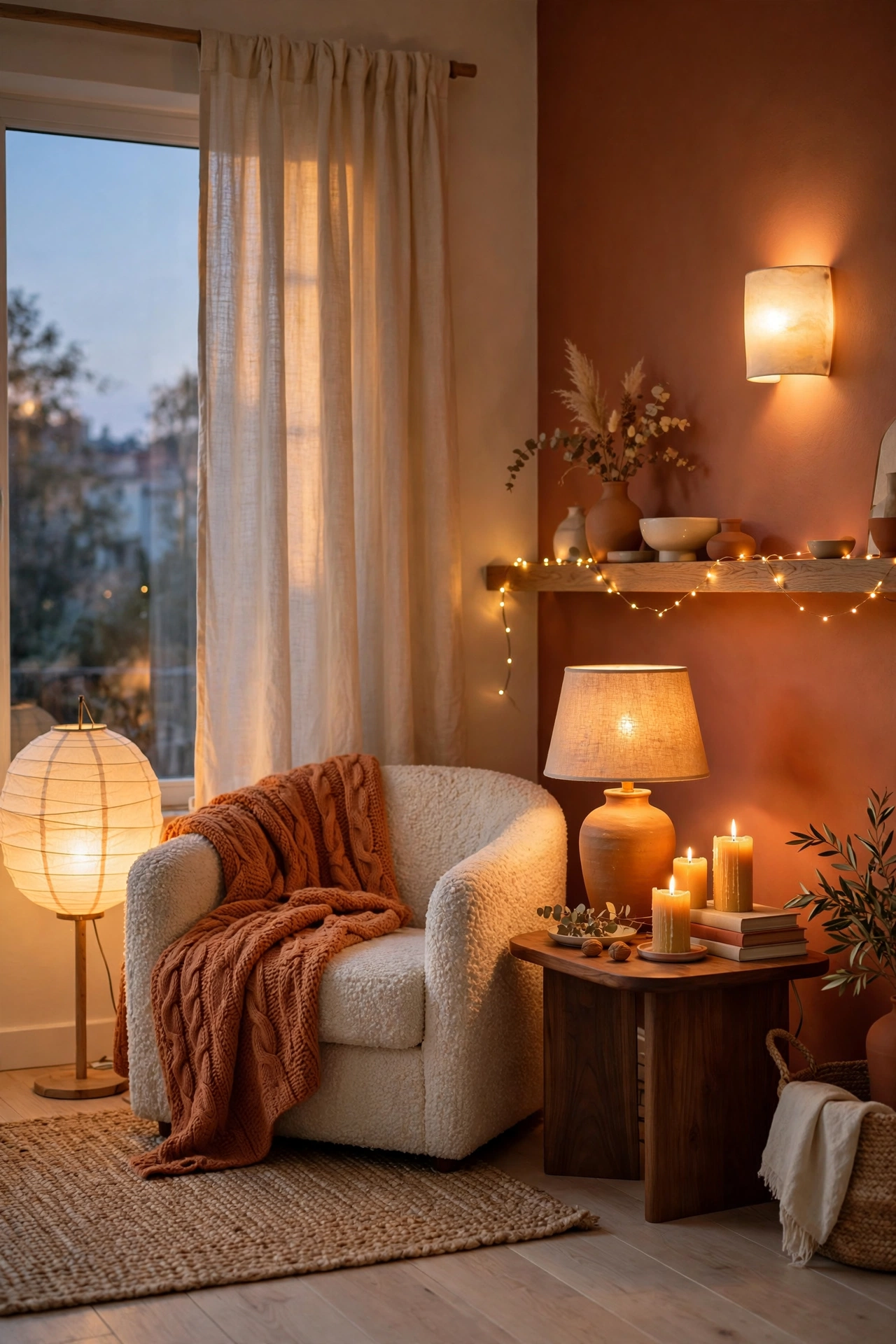 Cozy living room at dusk with warm layered lighting — paper lantern floor lamp, linen table lamp glow, fairy lights and lit candles