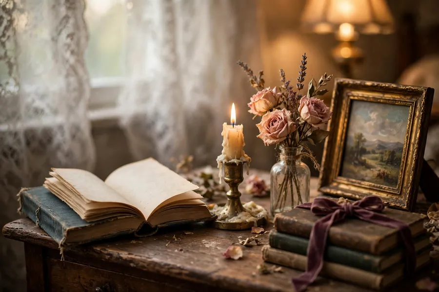 Yearning aesthetic dorm room ideas detail: styled desk corner with lit brass candle, dried roses, clothbound books tied with ribbon and a vintage print