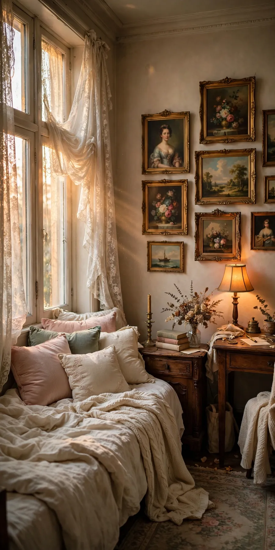 Yearning aesthetic dorm room ideas: romantic dorm bed with lace curtains, vintage gold-framed oil paintings, thrifted brass lamp and clothbound books